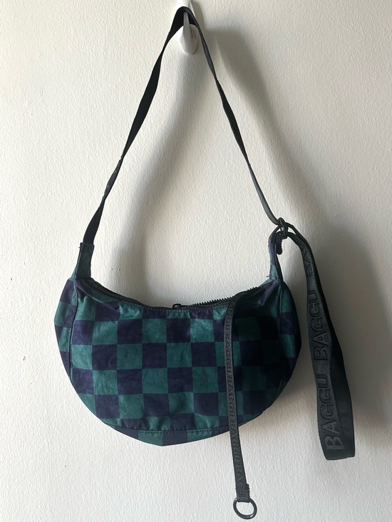 BAGGU Handbags - Baggu Navy Green Check Small Crescent Nylon Bag